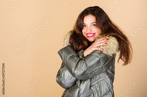 Holyday atmosphere. woman in padded warm coat. girl in puffed coat. faux fur fashion. flu and cold. seasonal fashion. happy winter holidays. beauty in winter clothing. cold season shopping © be free