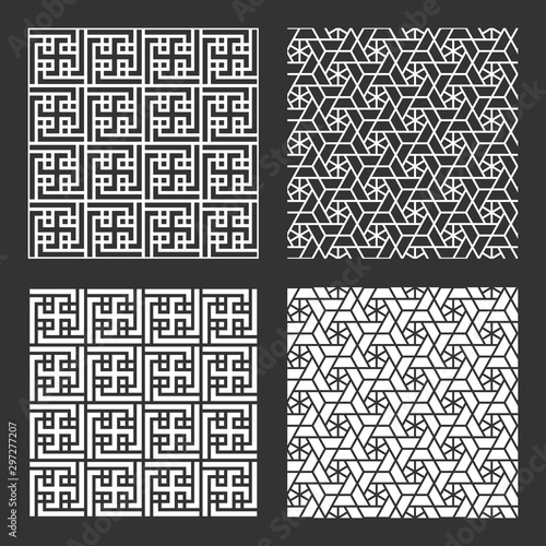 Set geometric asian abstract seamless vector pattern including traditional korean or chinese motive with typical lines and elements