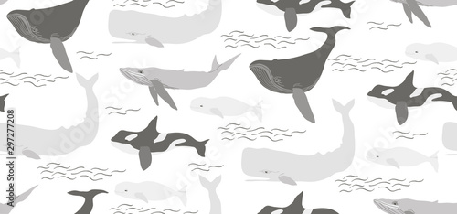 Whale hand drawn seamless pattern in flat style. Cartoon whale collection for textile, wallpaper, wrapping.