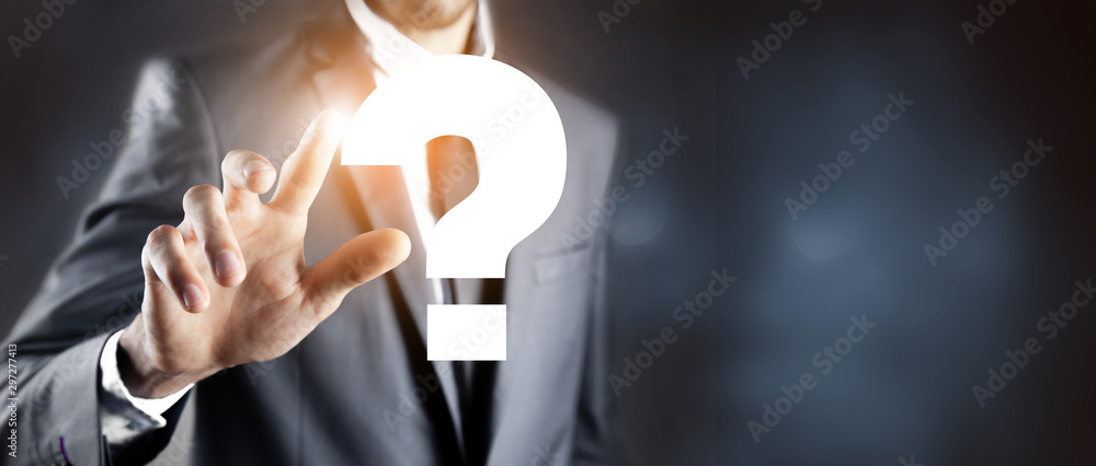 businessman clicks on the screen means question mark businessman clicks on the screen means question mark