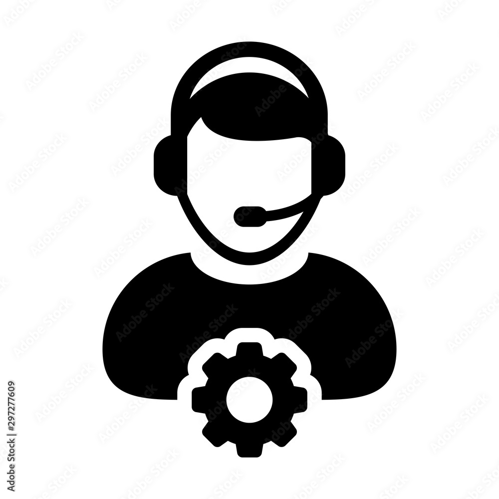 Service industry icon vector male business customer support person profile avatar with headphone and gear cogwheel for online assistant in a glyph pictogram illustration Service industry icon vector male business customer support person profile avatar with headphone and gear cogwheel for online assistant in a glyph pictogram illustration