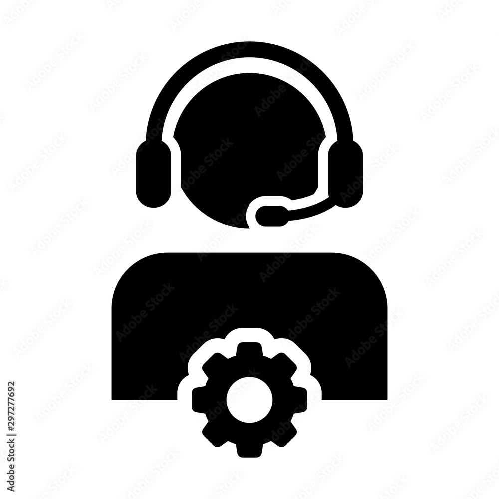 Customer support icon vector male business service person profile avatar with headphone and gear cogwheel for online assistant in a glyph pictogram illustration Customer support icon vector male business service person profile avatar with headphone and gear cogwheel for online assistant in a glyph pictogram illustration
