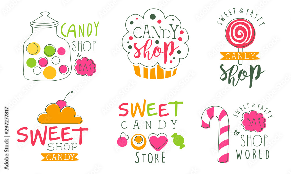 Candy Shop Logo Templates Set, Sweet and Tasty Bar and Store Bright Hand Drawn Badges Vector Illustration