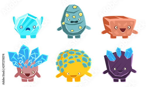 Cute Stones and Crystals Characters Set, Friendly Humanized Rocks with Funny Faces, Mobile or Computer Game User Interface Assets Vector Illustration