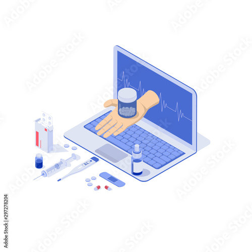 Healthcare, pharmacy and medical concept. Online notebook with pills, capsules blisters, glass bottles, plastic tubes. The doctor's hand gives the tablets through the notebook screen.