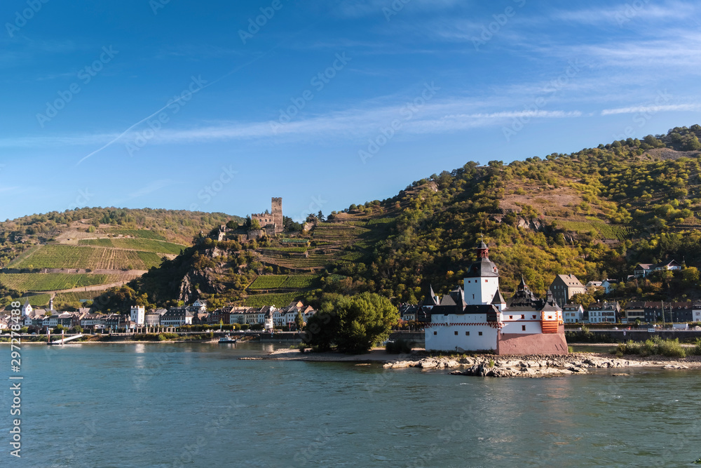 Autumn on the Rhine river. Views of Pfalzgrafenstein and Gutenfels castles