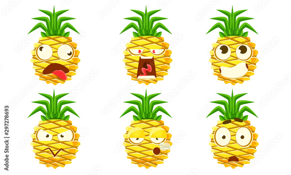 Funny Pineapple Character Set, Cute Tropical Fruit Emojis with Various Facial Expressions Vector Illustration