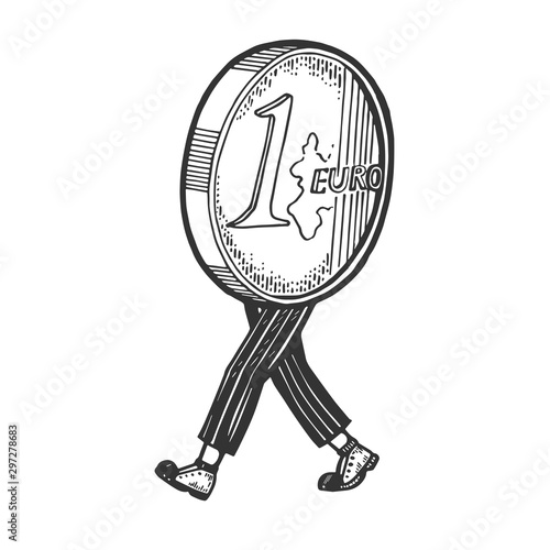 One euro cent coin cash walks on its feet sketch engraving vector illustration. T-shirt apparel print design. Scratch board style imitation. Black and white hand drawn image.