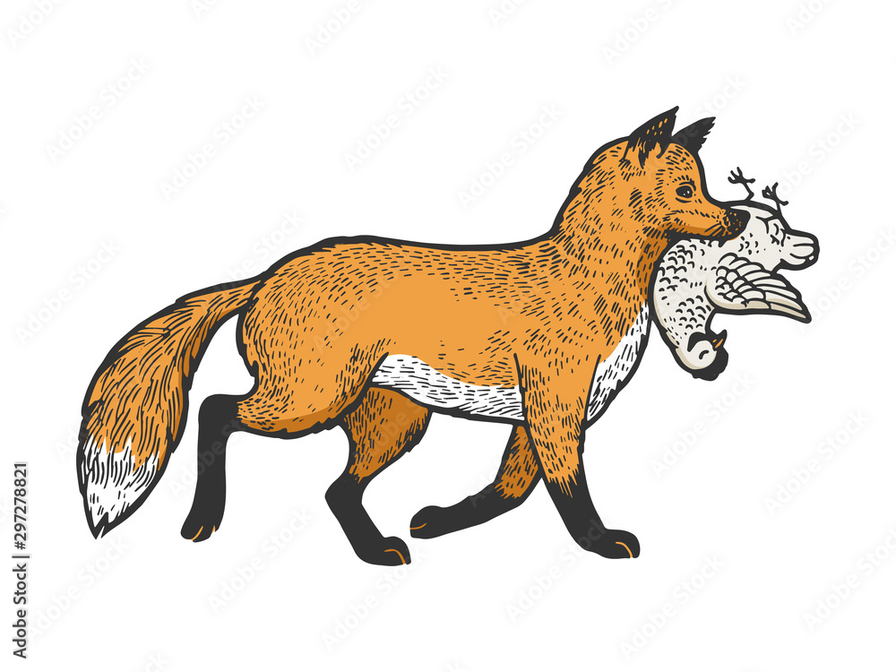 Fox with chicken in mouth sketch engraving vector illustration. T-shirt apparel print design. Scratch board style imitation. Black and white hand drawn image. Fox with chicken in mouth sketch engraving vector illustration. T-shirt apparel print design. Scratch board style imitation. Black and white hand drawn image.
