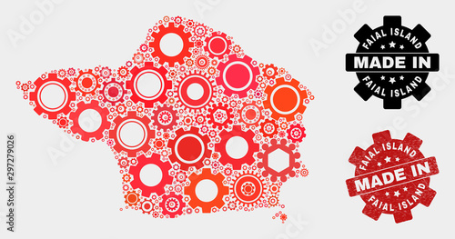 Mosaic gear Faial Island map and scratched seal. Vector geographic abstraction in red colors. Mosaic of Faial Island map combined of scattered gearwheel elements. Red colored model for service,