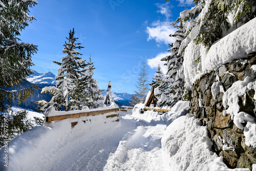 Landscape of  panoramic hiking trail above winter resort Davos, Switzerland.