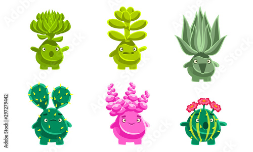 Funny Plants Characters Set, Fantasy Succulents and Cactuses with Various Emotions, Mobile or Computer Game User Interface Assets Vector Illustration