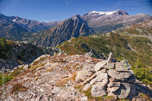 Panoramic view of the valley near the Simplon Pass in Switzerland. In the background, Monte Leone.