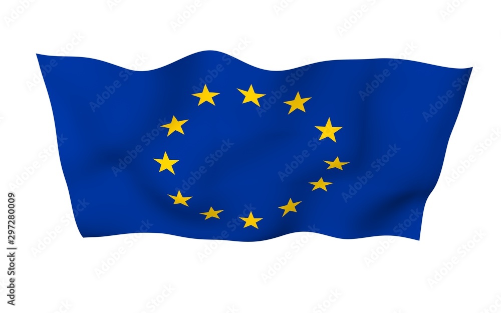 Slightly waving flag of the European Union isolated on white background, 3D rendering. Symbol of Europe. 3D illustration Slightly waving flag of the European Union isolated on white background, 3D rendering. Symbol of Europe. 3D illustration