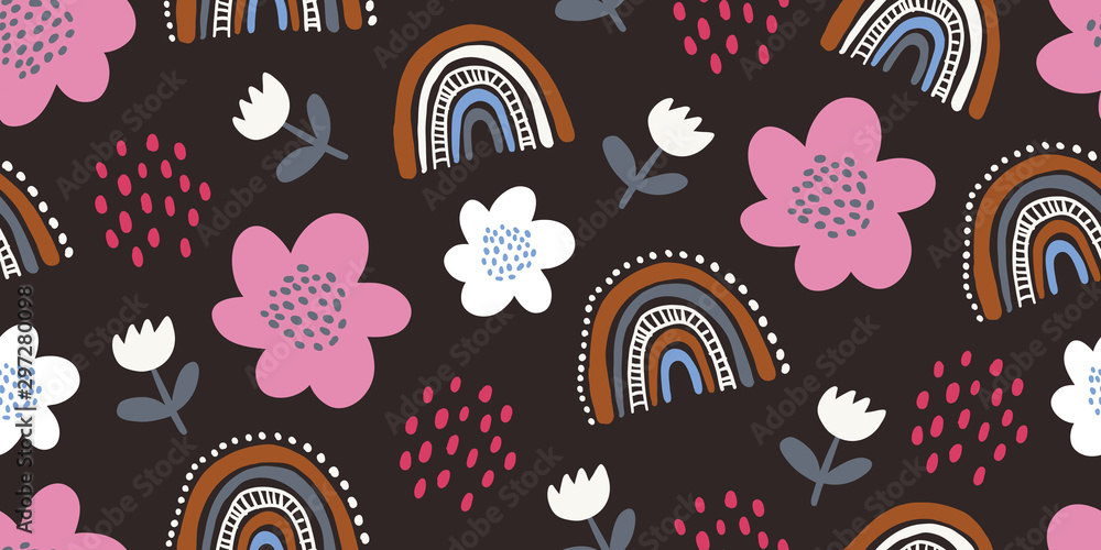 Fototapeta premium Seamless pattern with colorful flowers and rainbow