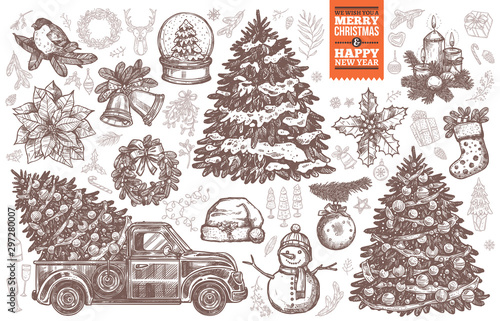 Big vector bundle for Merry Christmas and New Year design cards, posters and templates. Sketch hand drawn christmas tree, retro pickup truck, wreath, festive décor and symbols. Engraved etching illust