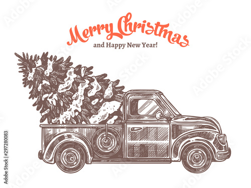 Delivery of christmas tree on retro pickup truck. Festive card with vintage car in etching hand drawn style. Happy New Year hand drawn engraved vector illustration