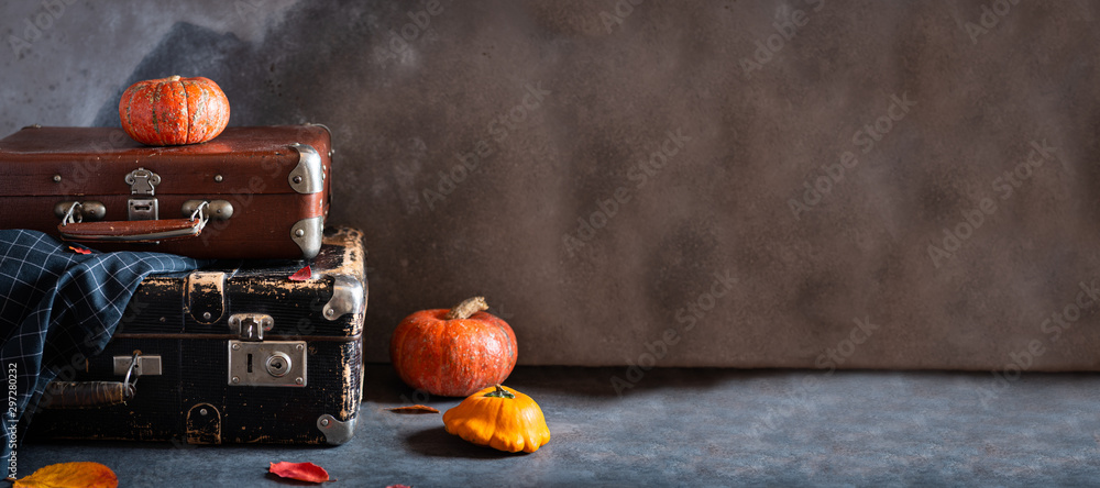 Autumn travel concept. Vintage old fashioned Suitcases with pumpkins and autumn leaves on dark background. Banner, travel agency. Copy space - obrazy, fototapety, plakaty 