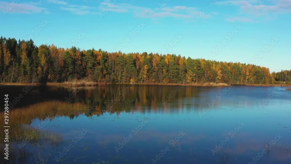 Trees and bushes reflecting in a lake in the fall. Aerial view of colorful fall foliage in Sweden. Swedish natural landscapes in of the autumn forest. Trees and bushes reflecting in a lake in the fall. Aerial view of colorful fall foliage in Sweden. Swedish natural landscapes in of the autumn forest.