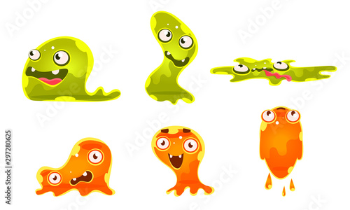 Fototapeta Naklejka Na Ścianę i Meble -  Cute Jelly Monsters Set, Funny Slimy Cartoon Character with Various Emotions Vector Illustration