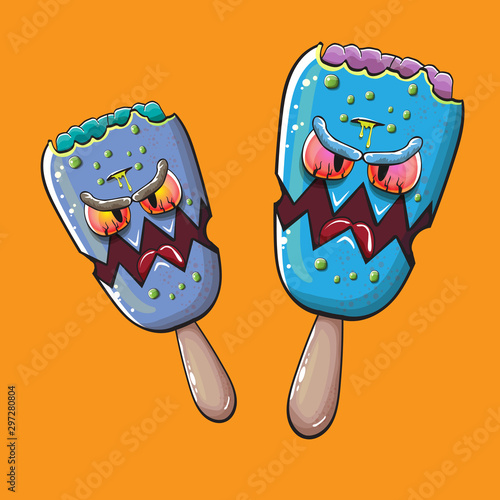 Vector Zombie ice cream with brain and red eyes isolated on orange background. Halloween blue monster ice cream zombie character.