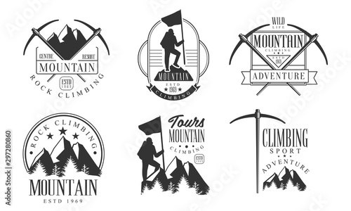 Mountain Rock Climbing Retro Logo Set, Climbing Sport Adventures Monochrome Badges Vector Illustration
