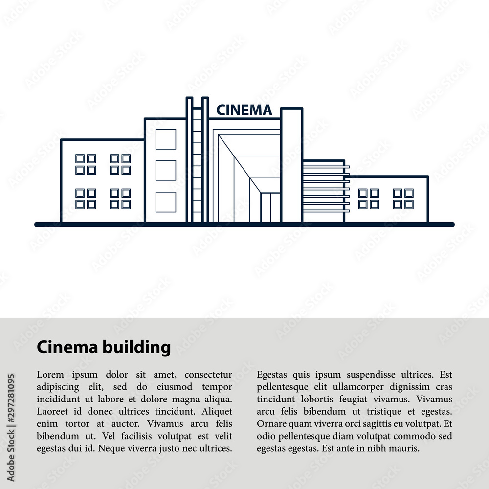 Cinema building. Front view. Dark blue outline drawing.   Template for your text at the bottom on a gray   background.