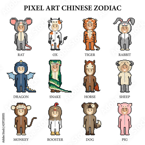 Chinese zodiac set. Cute cartoon kids in animal costumes in pixel art style on white background. 