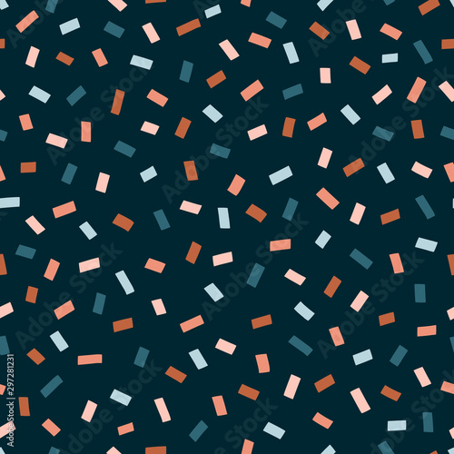 Chaotic rectangles hand drawn vector seamless pattern. Confetti geometrical minimalist texture. Terracotta coloured simple illustration on navy blue background. Abstract backdrop, wrapping paper