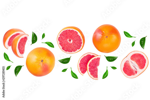 Fototapeta Naklejka Na Ścianę i Meble -  Grapefruit and slices with leaves isolated on white background. Top view. Flat lay