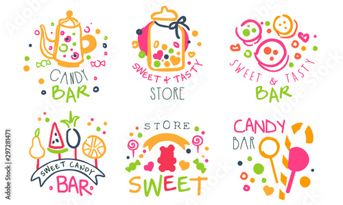 Candy Bar Logo Templates Set, Sweet and Tasty Store Bright Hand Drawn Badges Vector Illustration