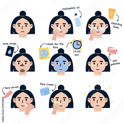 Girl take care about her face. Step by Step Instruction How To Facial Сare Face. Set of flat vector illustration