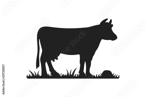 Cow silhouettes on grass. Cow grazing on meadow vector cartoon illustration.