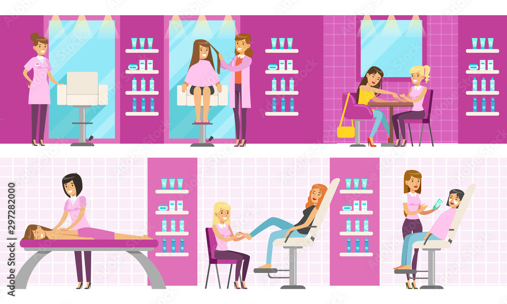Beauty Salon Interior with Workers and Clients Set, People Having Defferent Treatment Procedures Vector Illustration