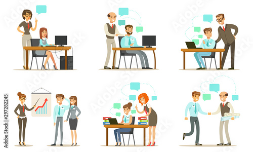 Business People Characters Working in the Office Set, Male and Female Managers or Employees Metting, Talking and Working Together Vector Illustration