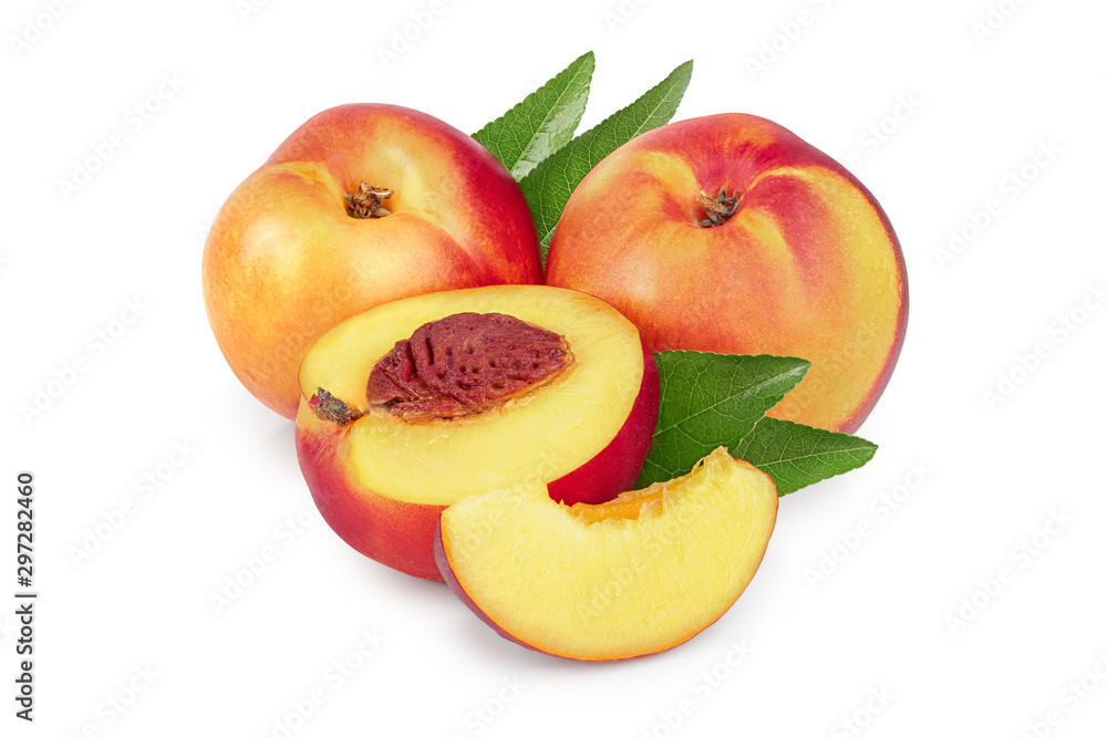 Nectarine fruit and half with leaf isolated on white background cutout Nectarine fruit and half with leaf isolated on white background cutout