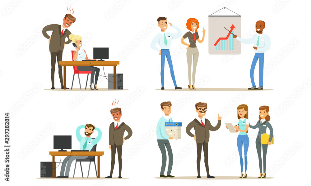 Business People Characters Working in the Office Set, Male and Female Managers or Employees Metting, Making Presentation and Working Together Vector Illustration