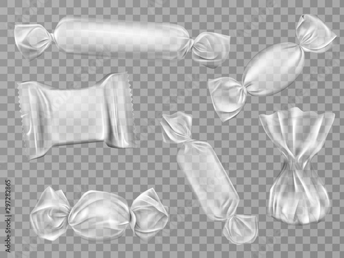 Transparent candy wrappers set isolated on limpid background. Blank package for lollipops, chocolate, truffle and pouch sweets production, design elements. Realistic 3d vector illustration, clip art