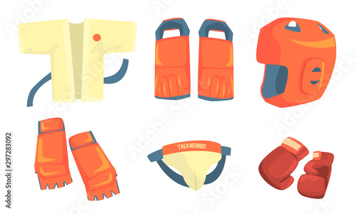 Taekwondo Sports Equipment Set, Head, Boxing Ring, Championship Belt, Gloves, Helmet, Kimono Vector Illustration