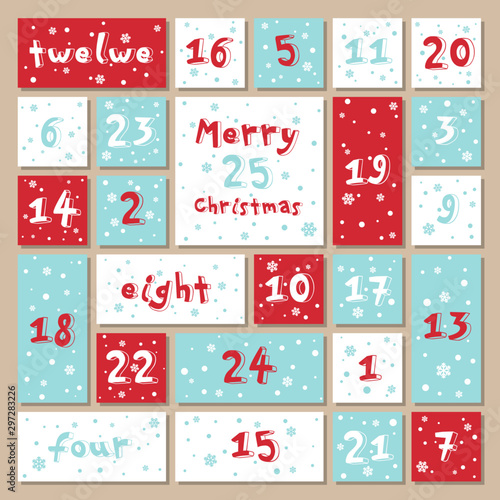 Vector Christmas advent calendar. Winter holidays poster with dates. Cute decoration xmas day celebration.