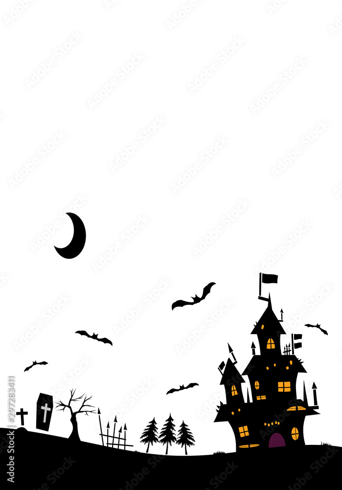 Halloween background material. Monochrome material. Castle, bats and grave. ハロウィンの背景素材。モノクローム素材　城とコウモリと墓
