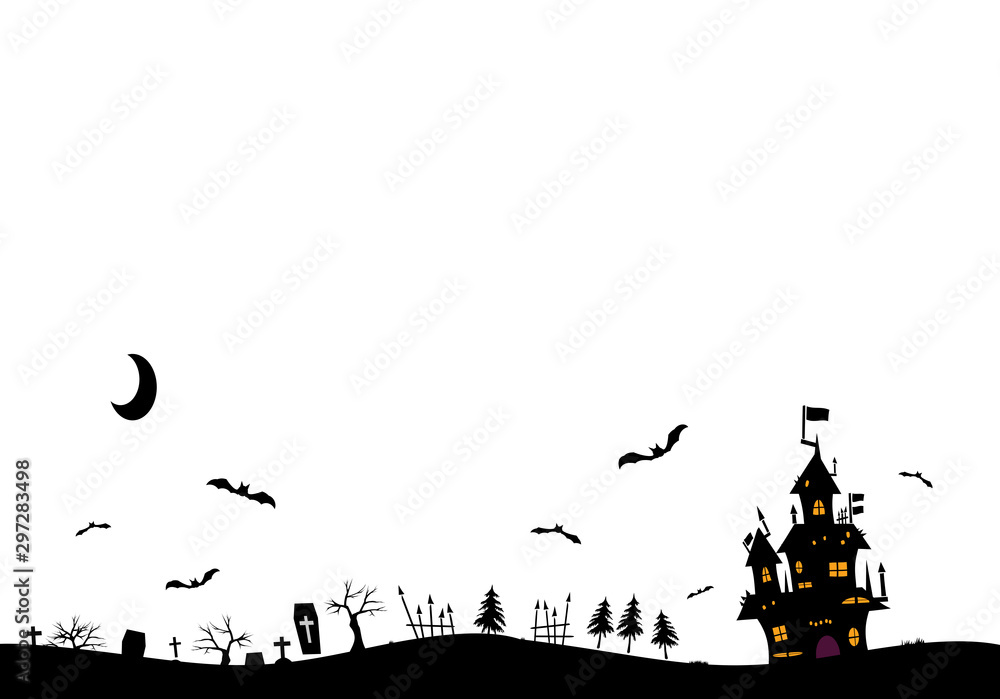 Halloween background material. Monochrome material. Castle, bats and grave. ハロウィンの背景素材。モノクローム素材　城とコウモリと墓
