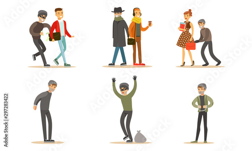 Criminals and Robbers Characters Set, Pickpockets in Dark Clothes Stealing Wallets From Handbag and Pockets of People Vector Illustration