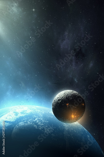 moon with human settlement at night seen from space, space colonization concept sci fi 3d illustration