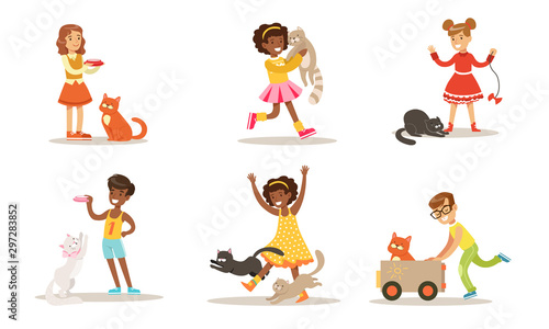 Cute Kids Playing And Taking Care of Cats Set, Smiling Boys and Girls Having Fun with Their Pets Vector Illustration