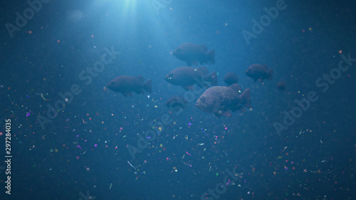 Photography fish swarm swimming through plastic pollution, micro plastic particles in ocean