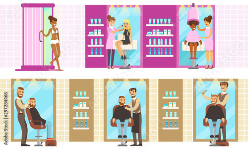 Beauty Salon Interior with Workers and Clients Set, Men and Women Having Defferent Treatment Procedures Vector Illustration