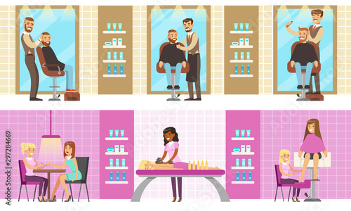 Beauty or Hairdressing Salon Interior with Workers and Clients Set, Men and Women Having Defferent Treatment Procedures Vector Illustration