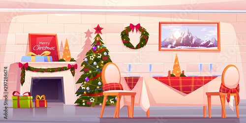 Family Christmas dinner, empty interior cartoon vector illustration. Living room with served festive table, decorated fir tree with red starand fireplace with garland and gift box. Holiday background