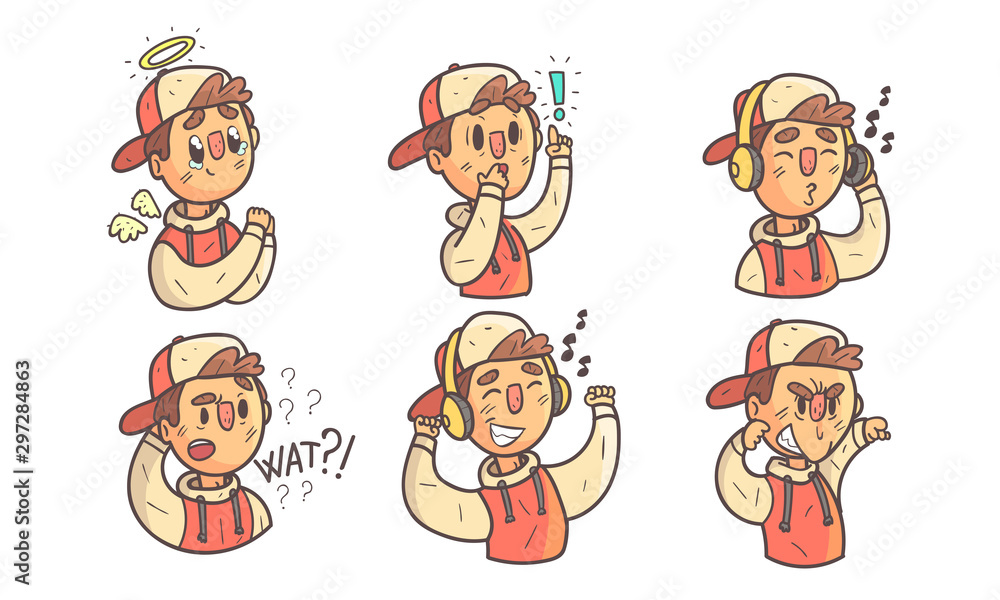 Boy Showing Different Emotions Set, Funny Male Cartoon Character Wearing Hoodie and Cap with Various Face Expressions Vector Illustration Boy Showing Different Emotions Set, Funny Male Cartoon Character Wearing Hoodie and Cap with Various Face Expressions Vector Illustration
